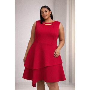 Plus Size Red Eloquii Dress | Gold Bar Detail | Fit & Flare | Scuba | Party